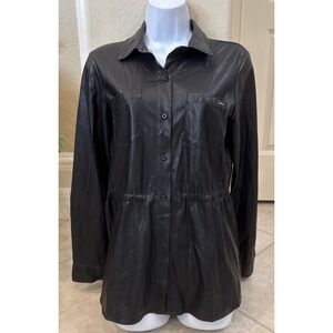 Calvin Klein Women Faux Leather Long Sleeve Shirt‎ Jacket Shacket Size M? Black
